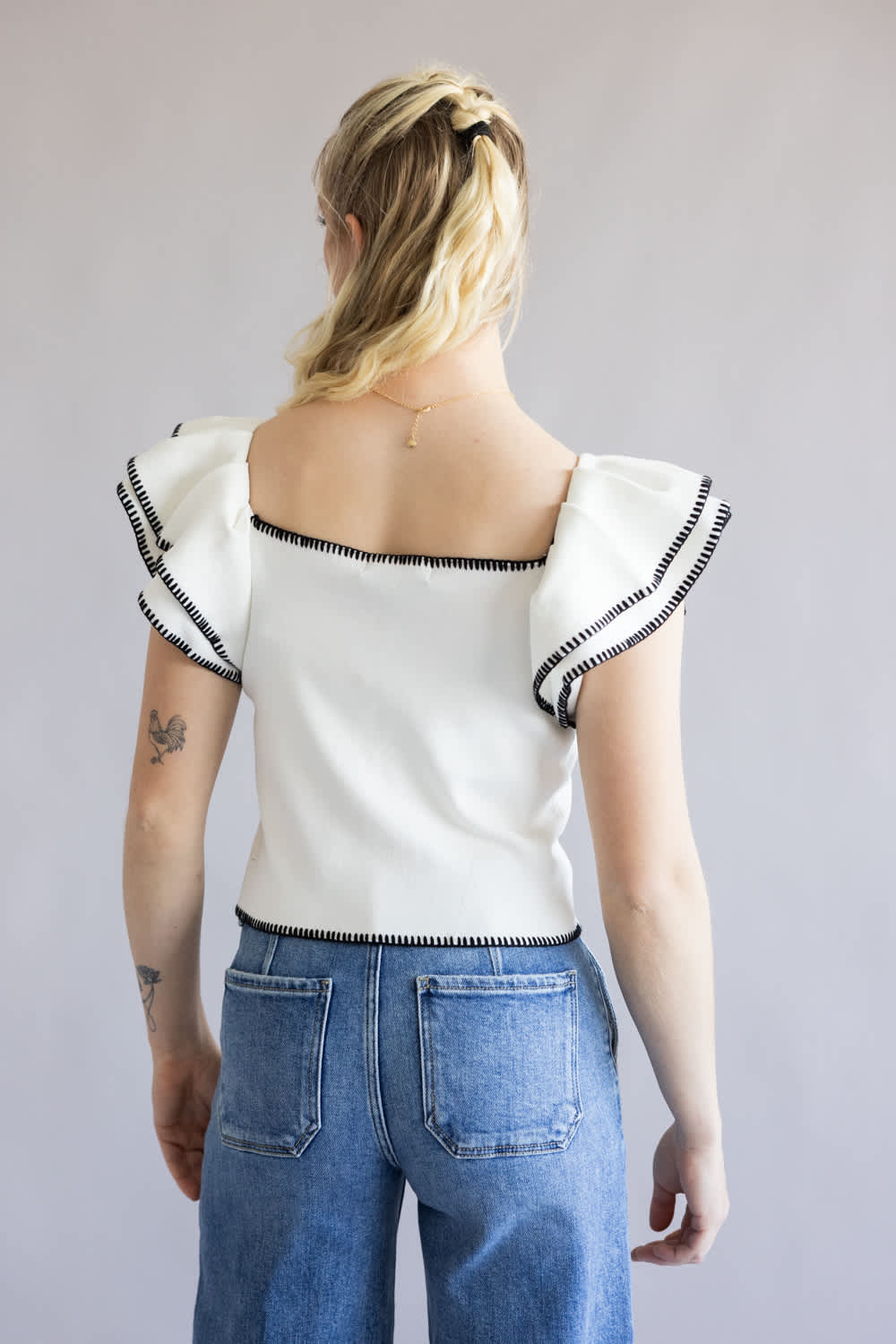 Embroidered Ruffle Sleeve Top for Women in White