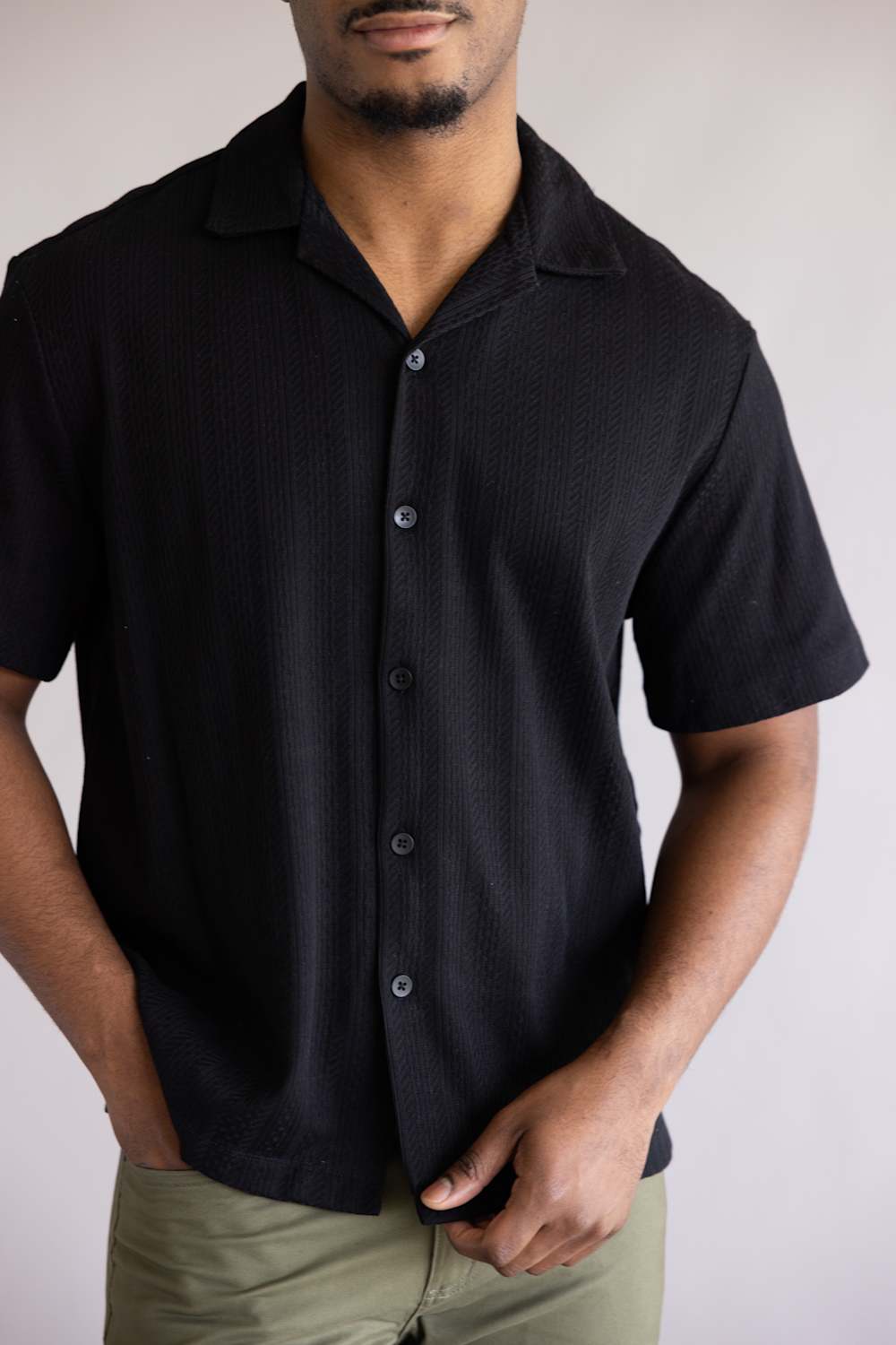 Denim & Flower Stripe Textured Button Up Shirt for Men in Black