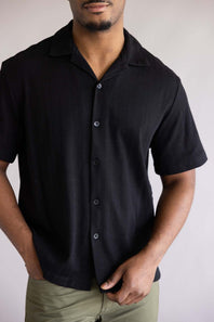 Denim & Flower Stripe Textured Button Up Shirt for Men in Black