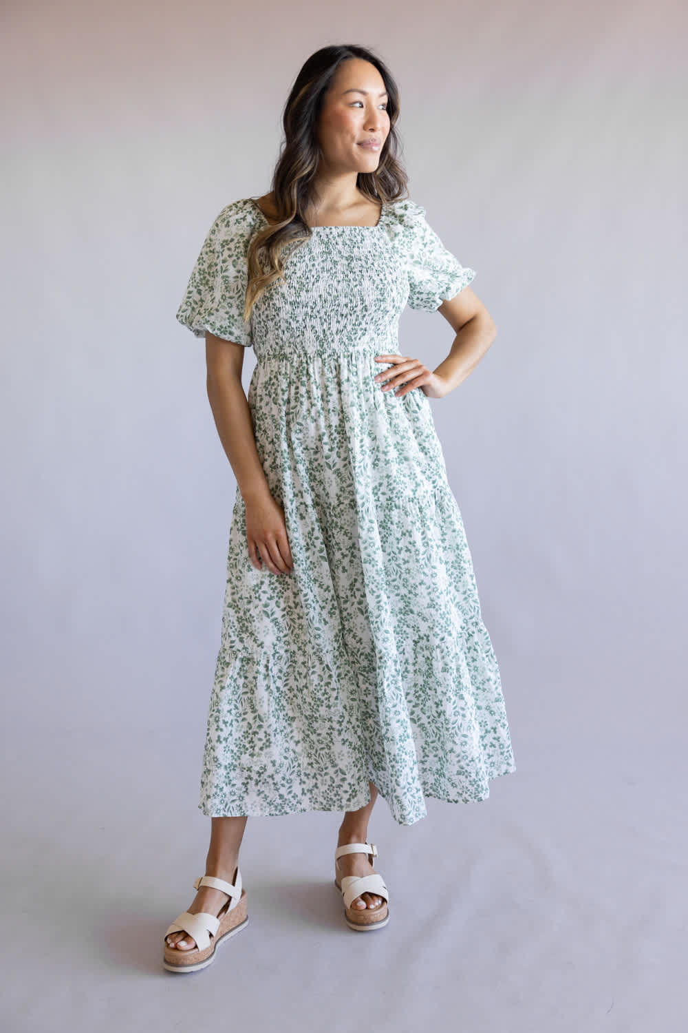 Smocked Floral Bodice Maxi Dress for Women in Ivory/Green