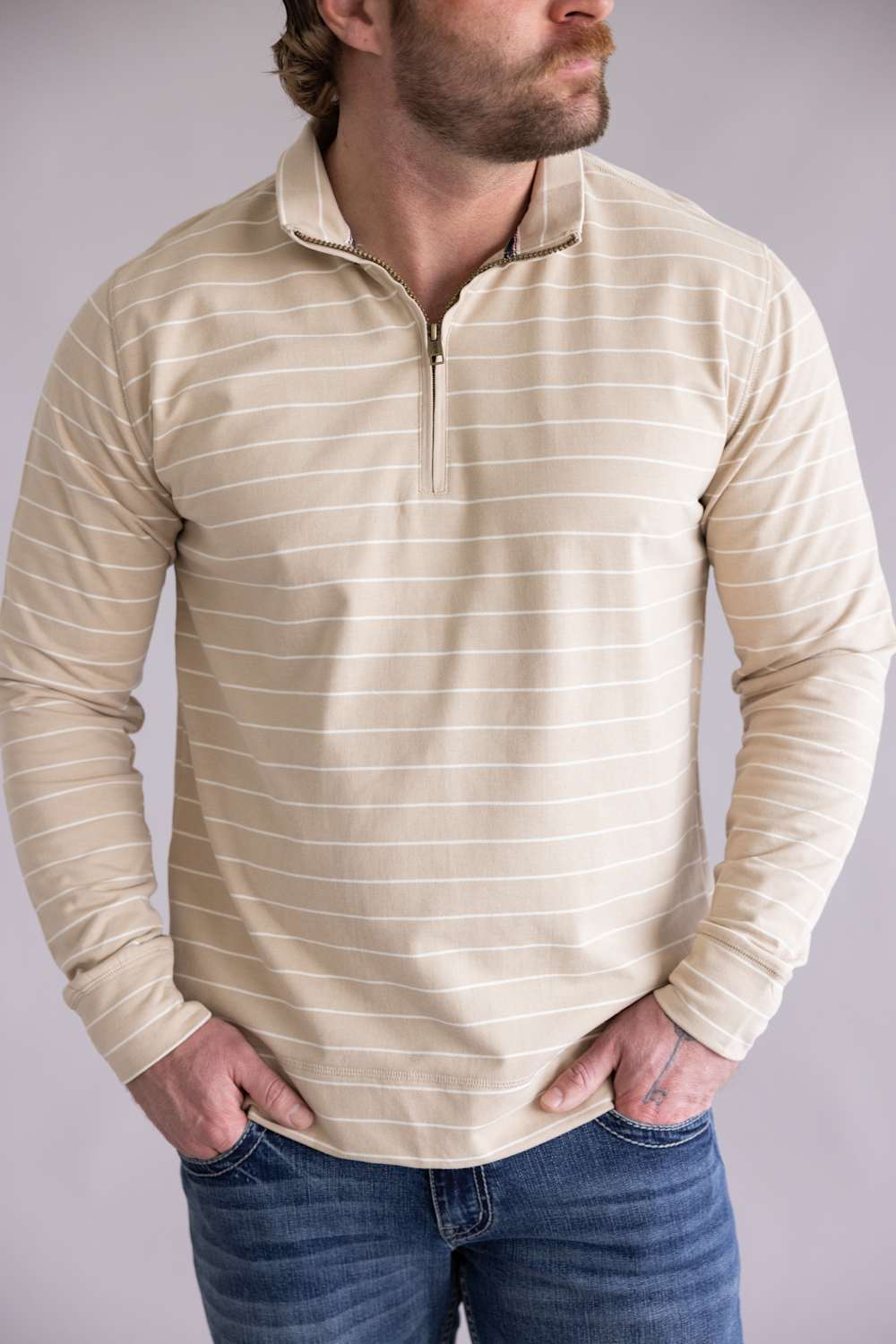 Weatherproof Vintage Striped Quarter Zip for Men in Bleached Sand