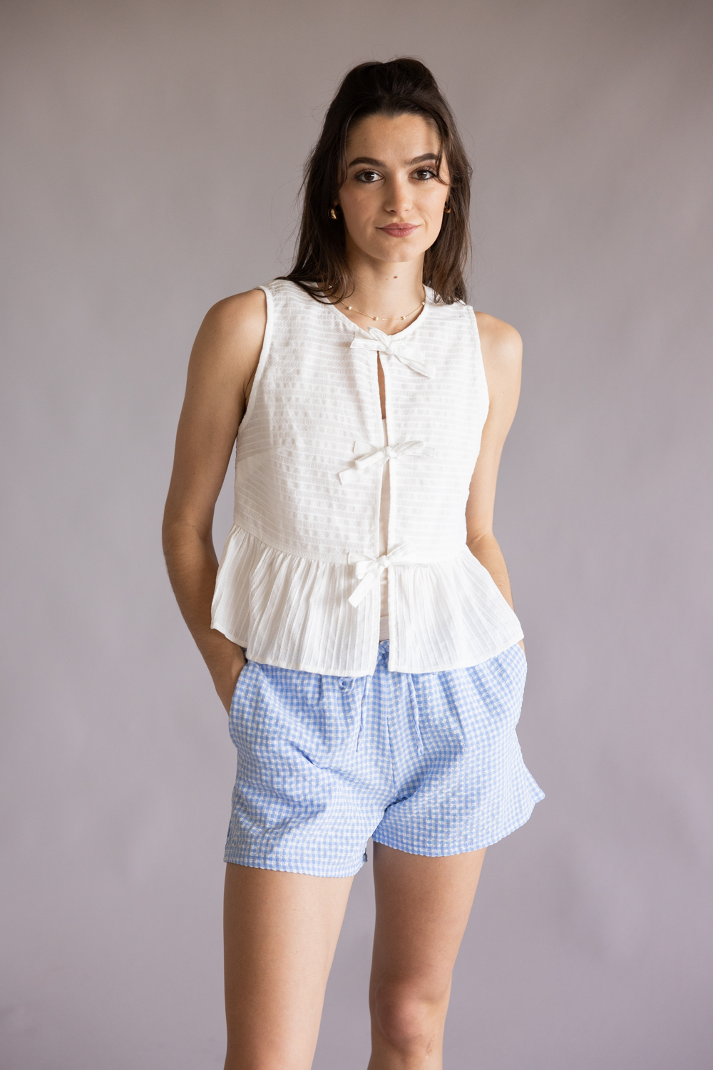 Triple Bow Tie Front Top for Women in White | PT50142-GL-WHITE