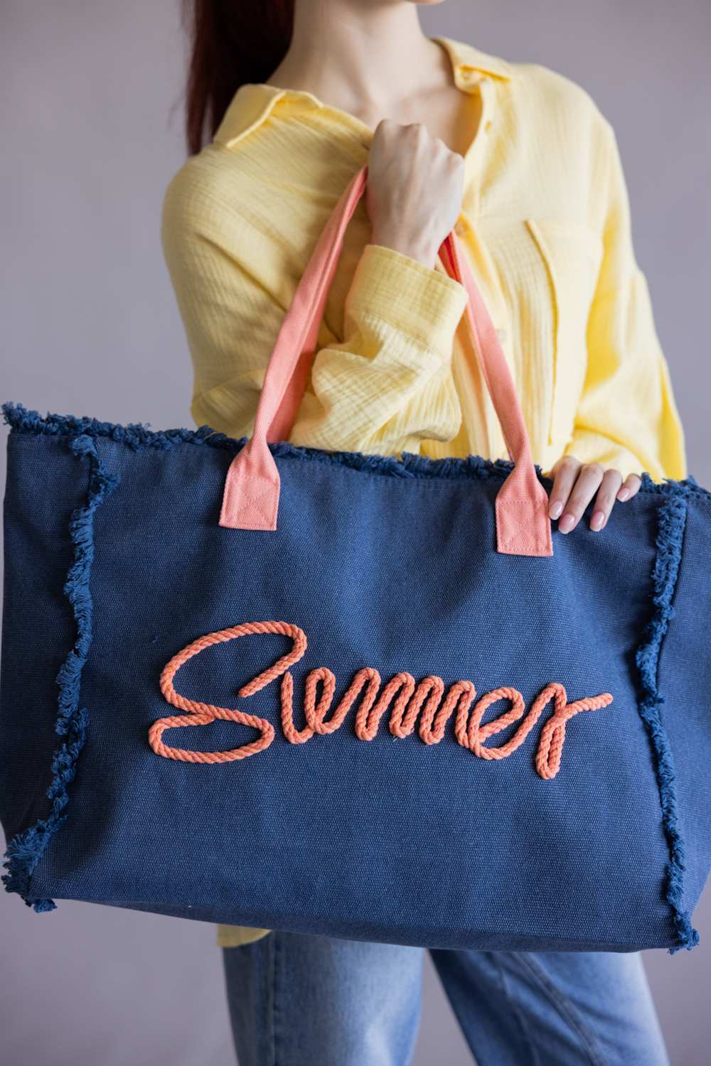Summer Rope Canvas Tote Bag in Navy/Pink