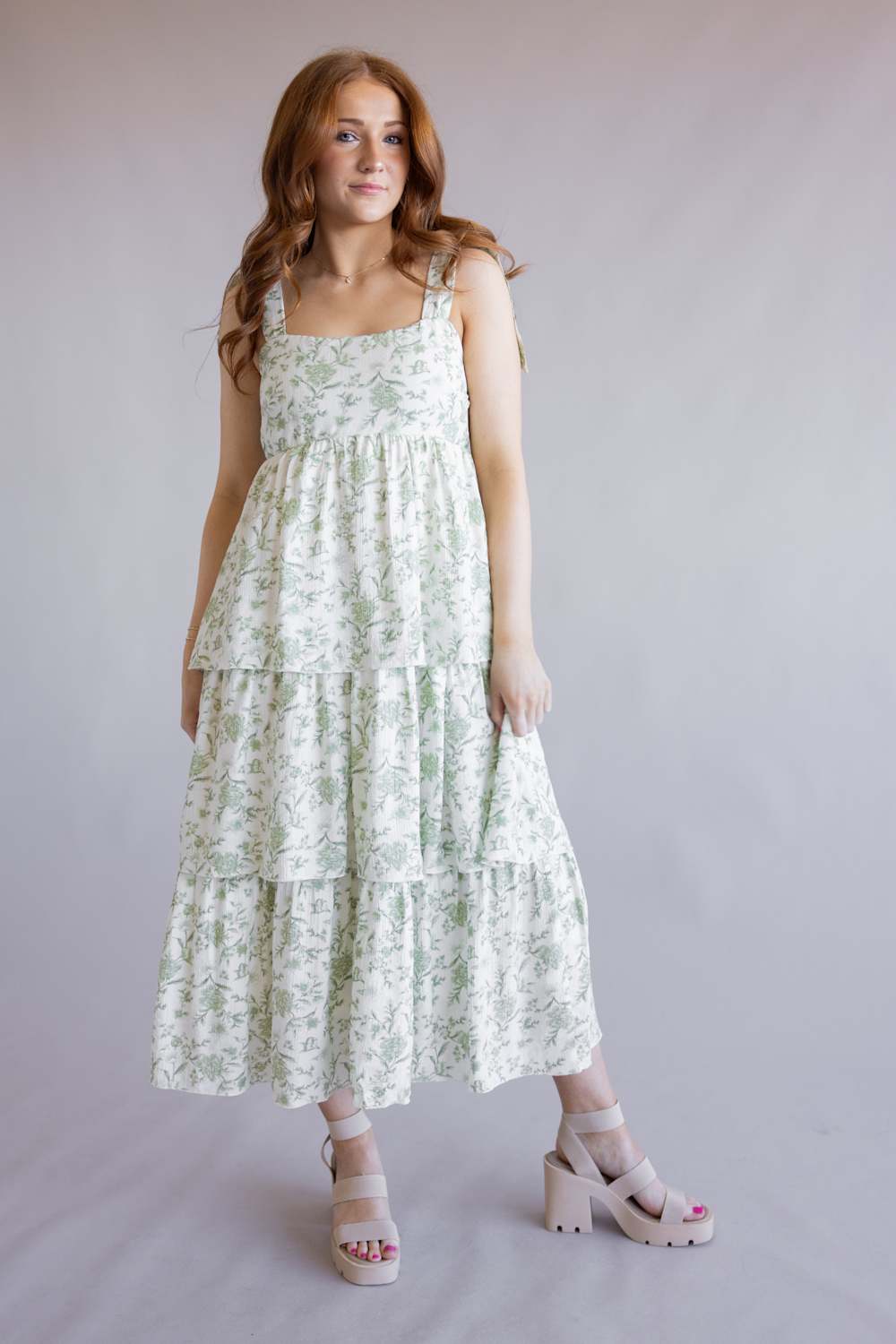 Tiered Printed Floral Maxi Dress for Women in Sage