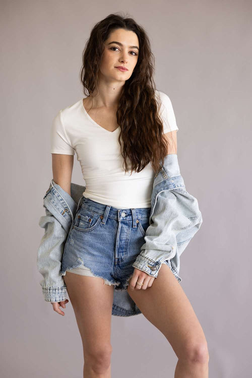 Double Layer V-Neck Top for Women in Ivory