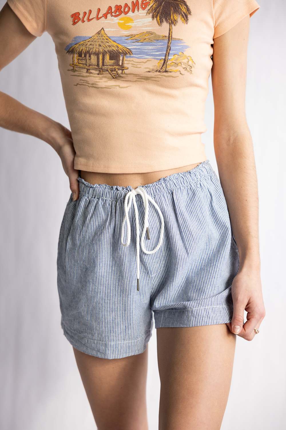 Pinstripe Drawstring Linen Shorts for Women in Indigo