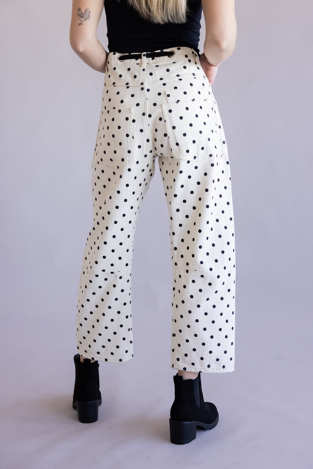 Aaron & Amber Drawstring Polka Dot Barrel Jeans for Women in Cream