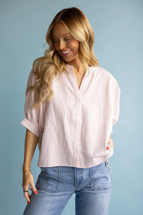 Pinstripe Split Neck Button Front Top for Women in Pink | AT8201-PNK
