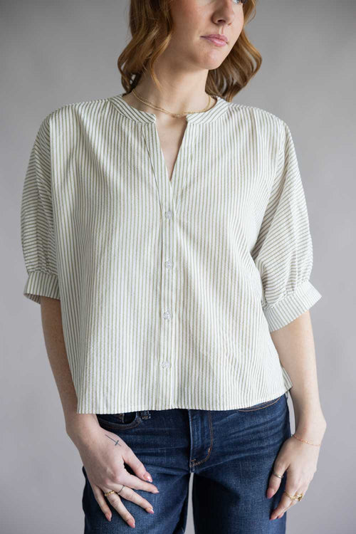 Pinstripe Split Neck Button Front Top for Women in Sage | AT8201-SAG
