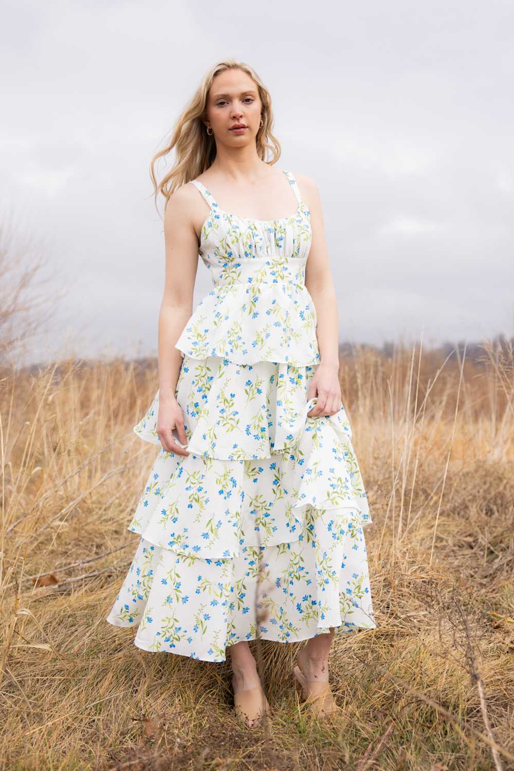 Tiered Floral Back Tie Maxi Dress for Women in White