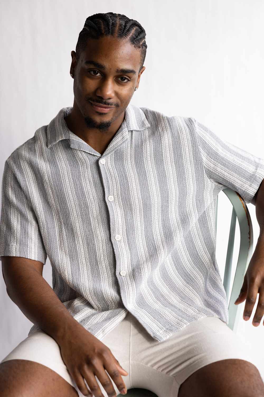 Denim & Flower Crochet Textured Button Up Shirt for Men in Grey/White