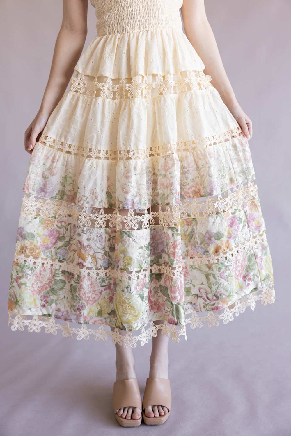 Floral Eyelet Lace Strapless Midi Dress for Women in Cream/Multi