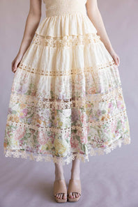 Floral Eyelet Lace Strapless Midi Dress for Women in Cream/Multi