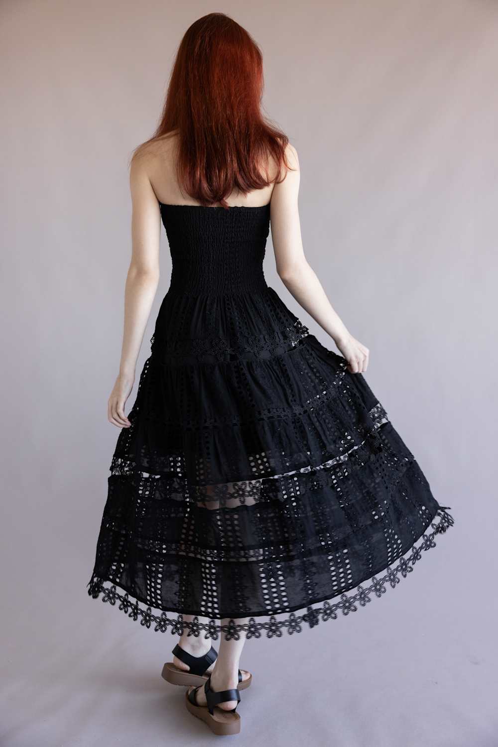 Eyelet Lace Strapless Midi Dress for Women in Black