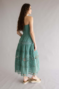 Eyelet Lace Strapless Midi Dress for Women in Beryl Green
