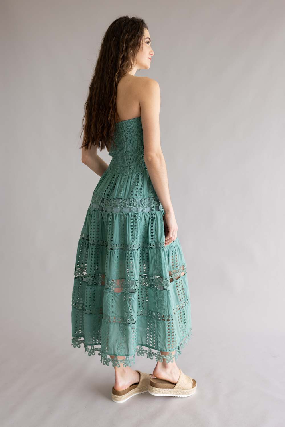 Eyelet Lace Strapless Midi Dress for Women in Beryl Green