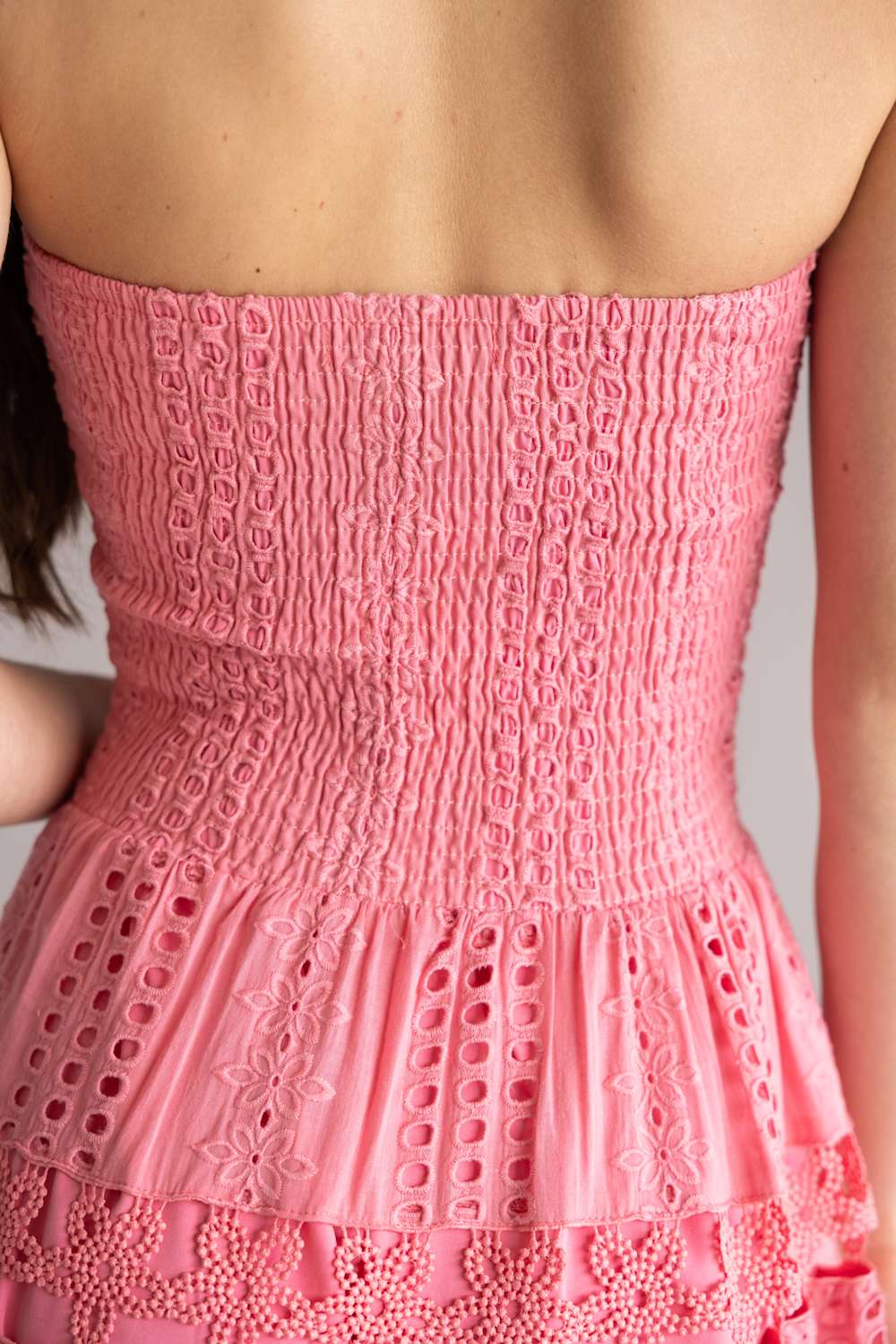 Eyelet Lace Strapless Midi Dress for Women in Confetti Pink