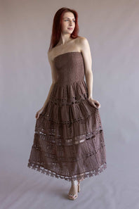 Eyelet Lace Strapless Midi Dress for Women in Nutmeg