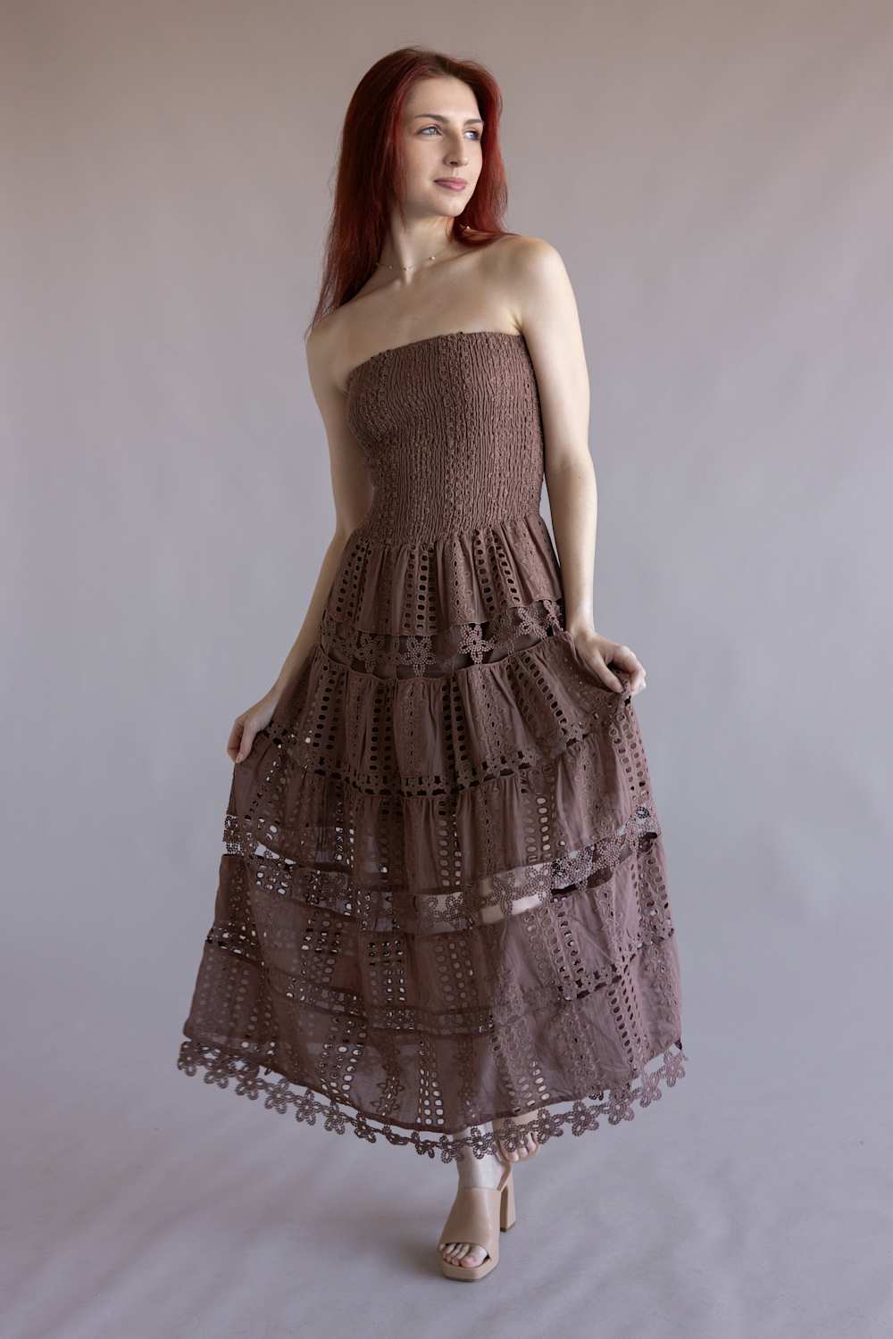 Eyelet Lace Strapless Midi Dress for Women in Nutmeg