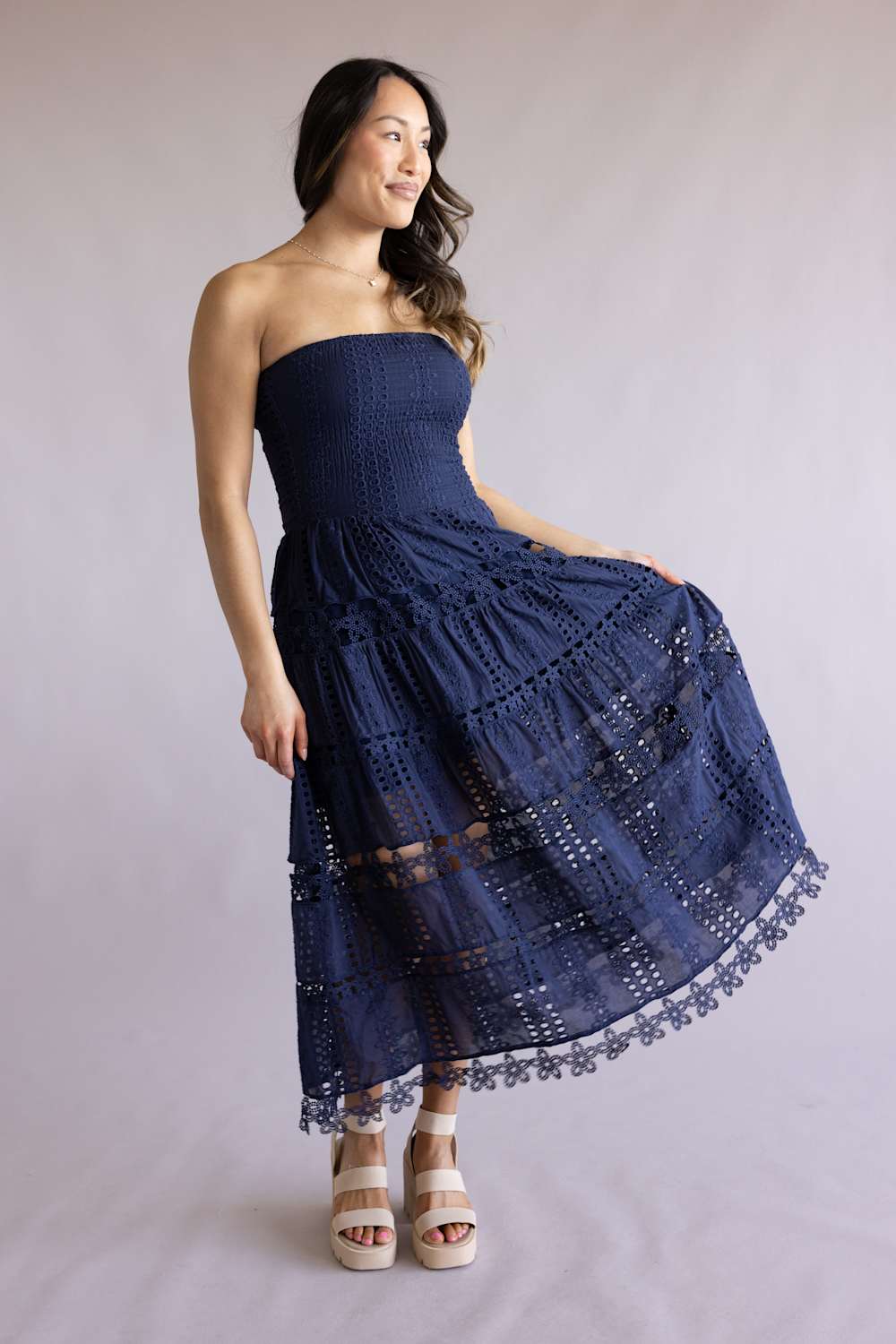 Eyelet Lace Strapless Midi Dress for Women in Navy