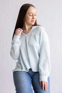  Notched V-Neck Knit Top for Women in Baby Blue 