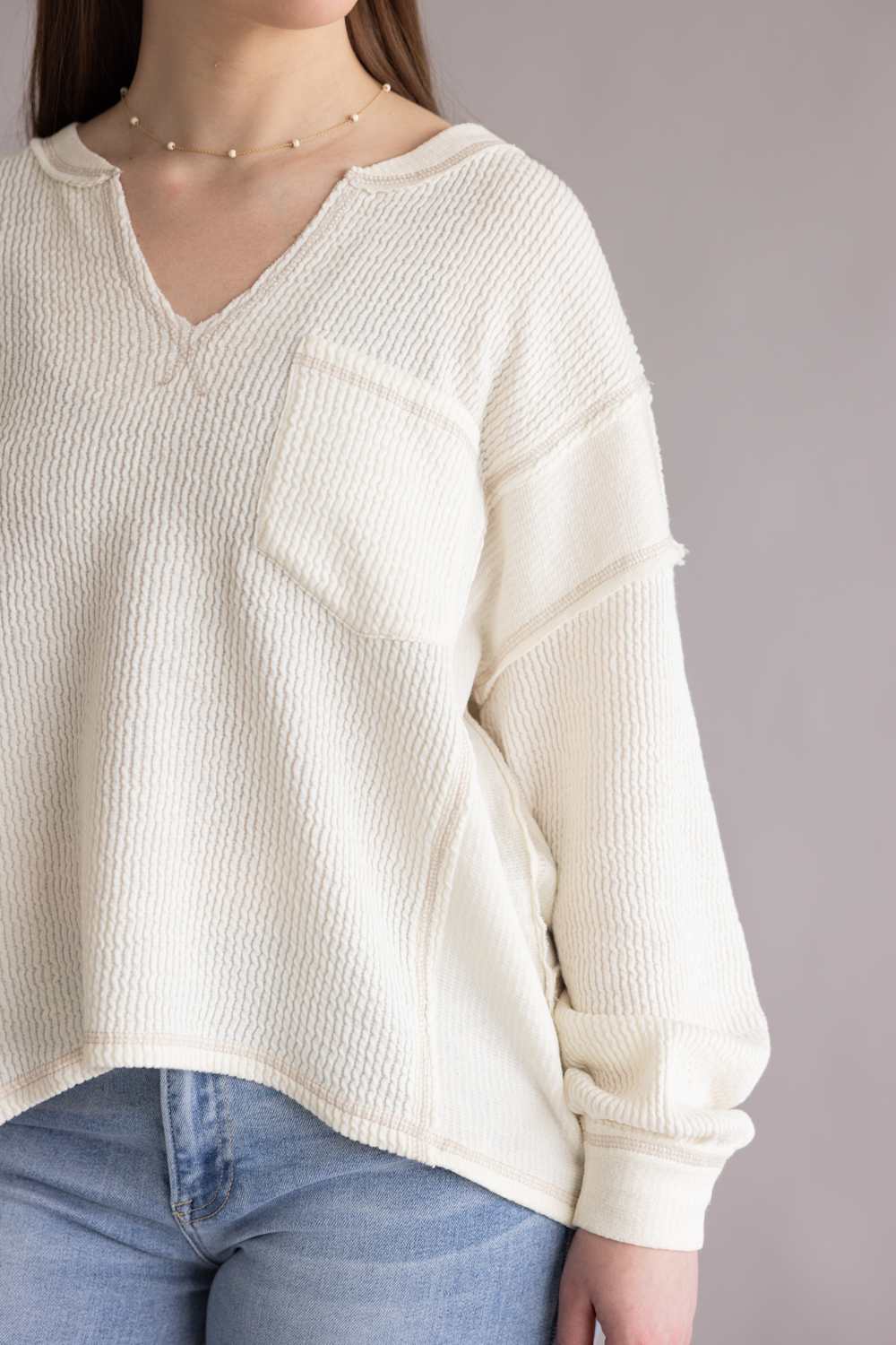 Notched V-Neck Knit Top for Women in Ivory 