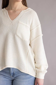 Notched V-Neck Knit Top for Women in Ivory 
