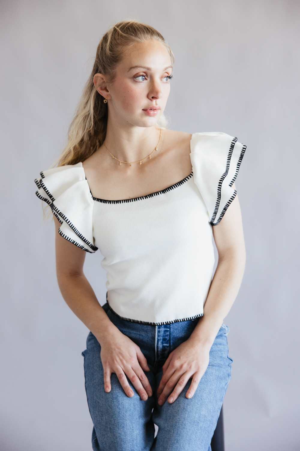 Embroidered Ruffle Sleeve Top for Women in White