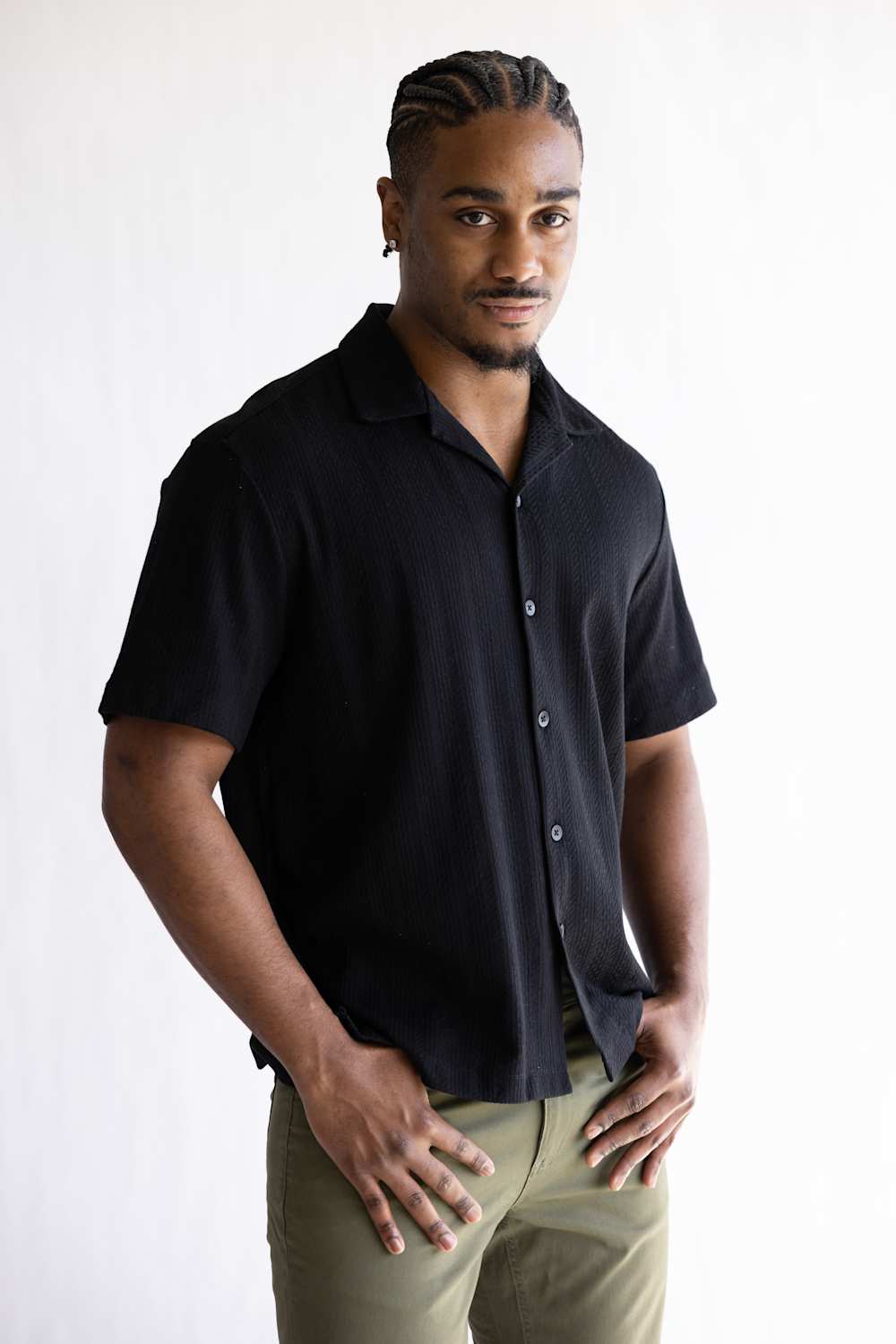 Denim & Flower Stripe Textured Button Up Shirt for Men in Black