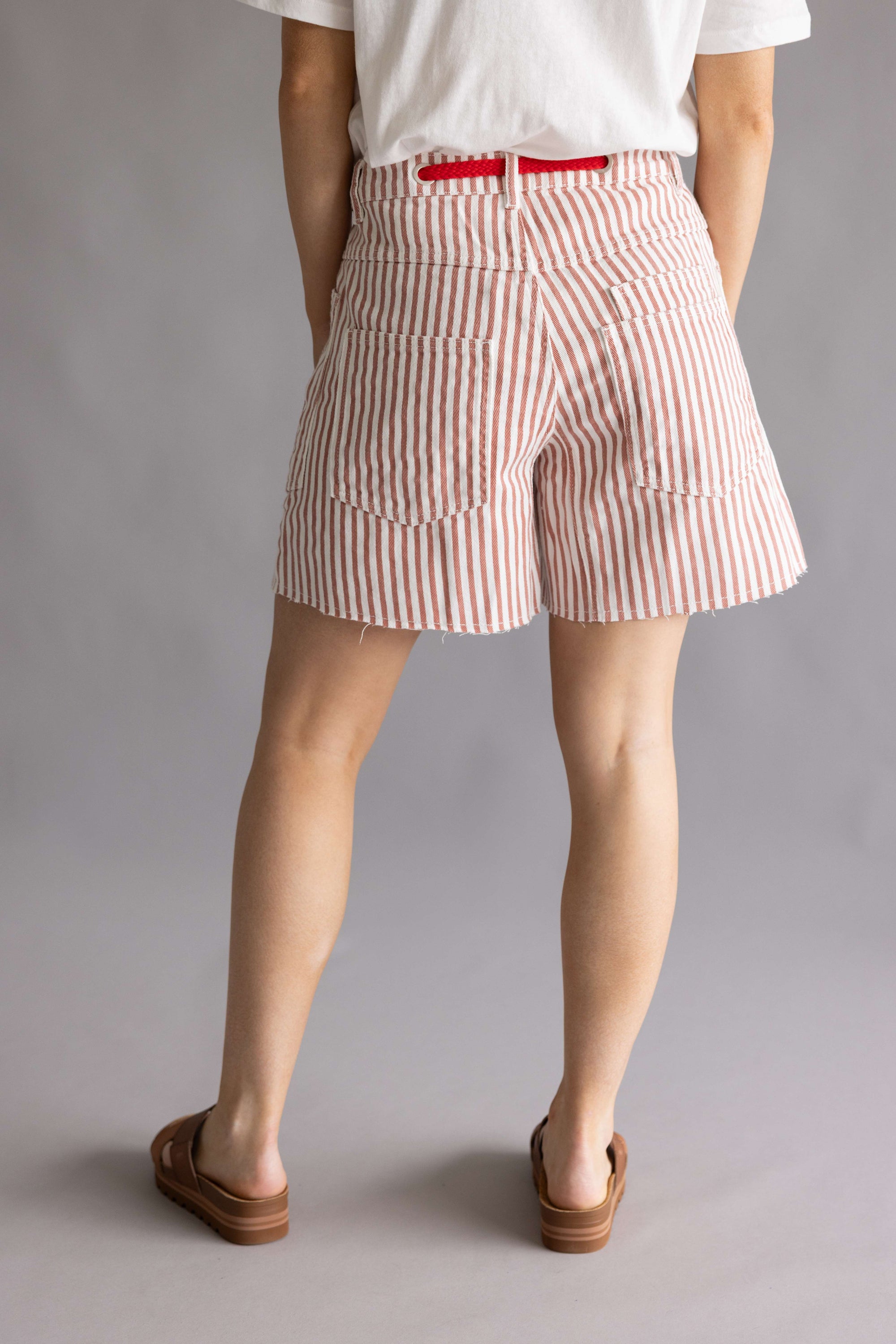 Aaron & Amber Stripe Baggy Denim Shorts for Women in Rust
