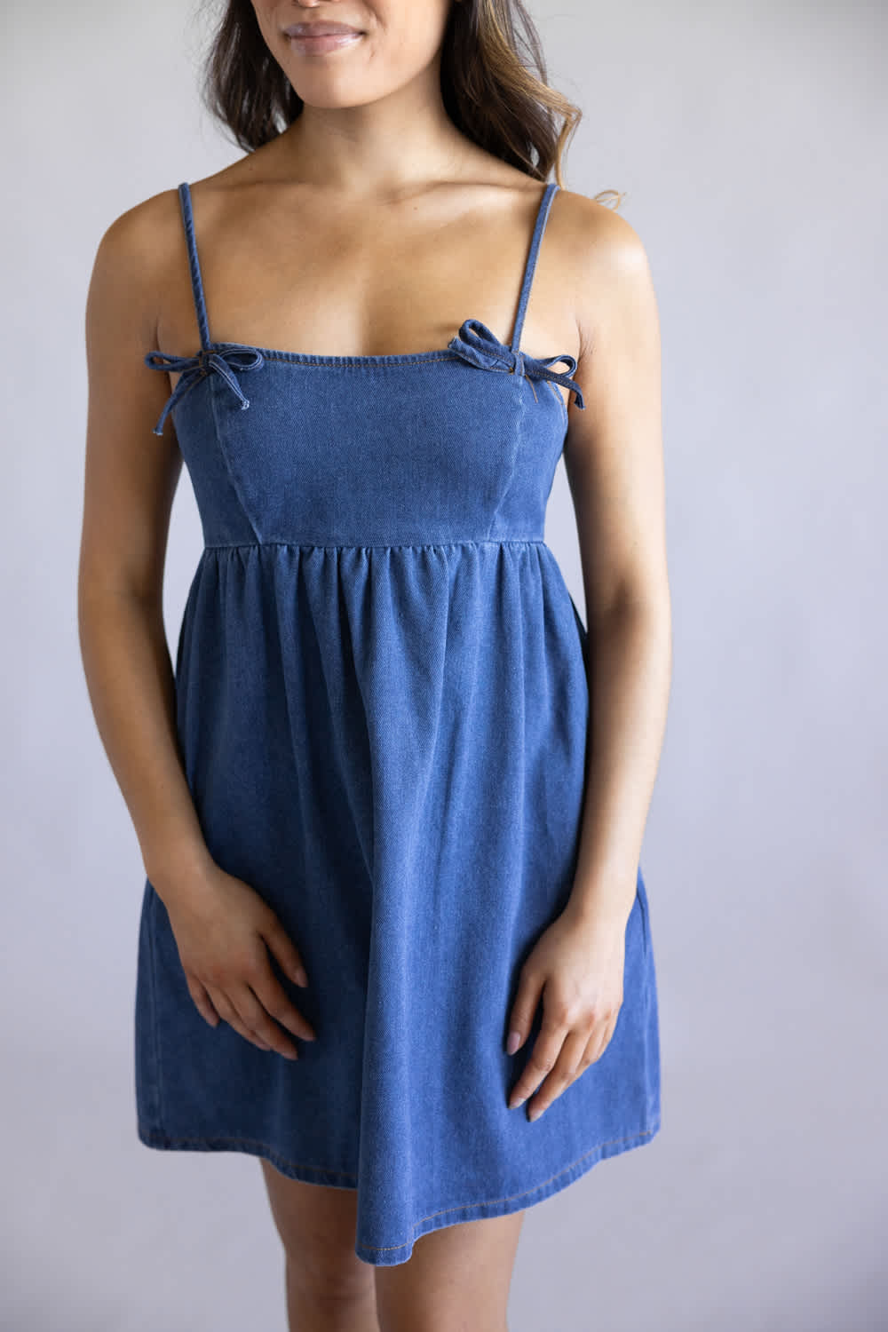 Bow Detail Denim Mini Dress for Women in Navy