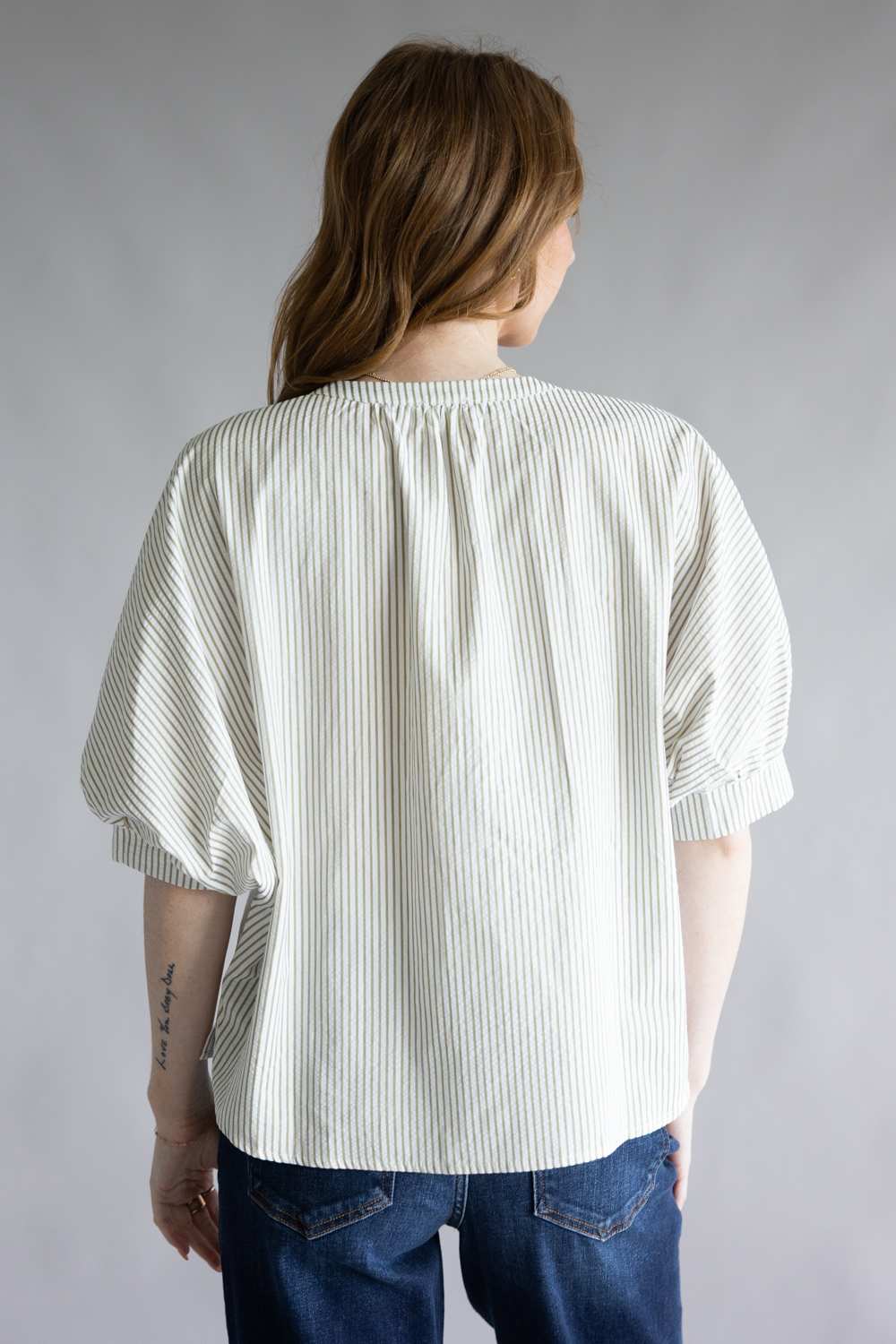 Pinstripe Split Neck Button Front Top for Women in Sage | AT8201-SAG