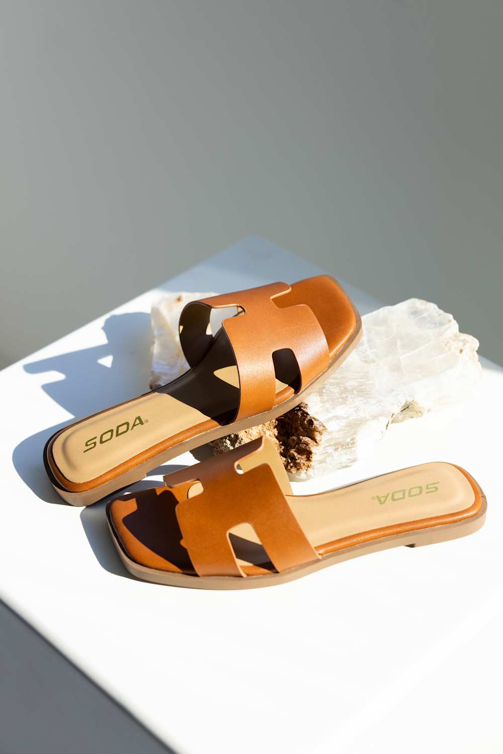 Soda Knit H-Band Slide Sandals for Women in Cognac