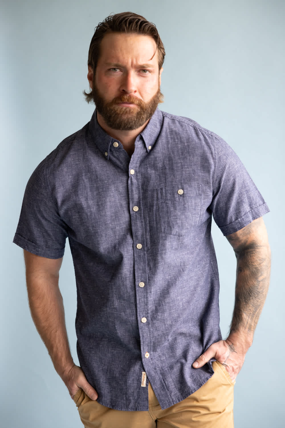Weatherproof Vintage Cotton Linen Solid Button Up Shirt for Men in Naval Academy