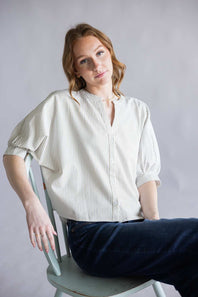 Pinstripe Split Neck Button Front Top for Women in Sage | AT8201-SAG