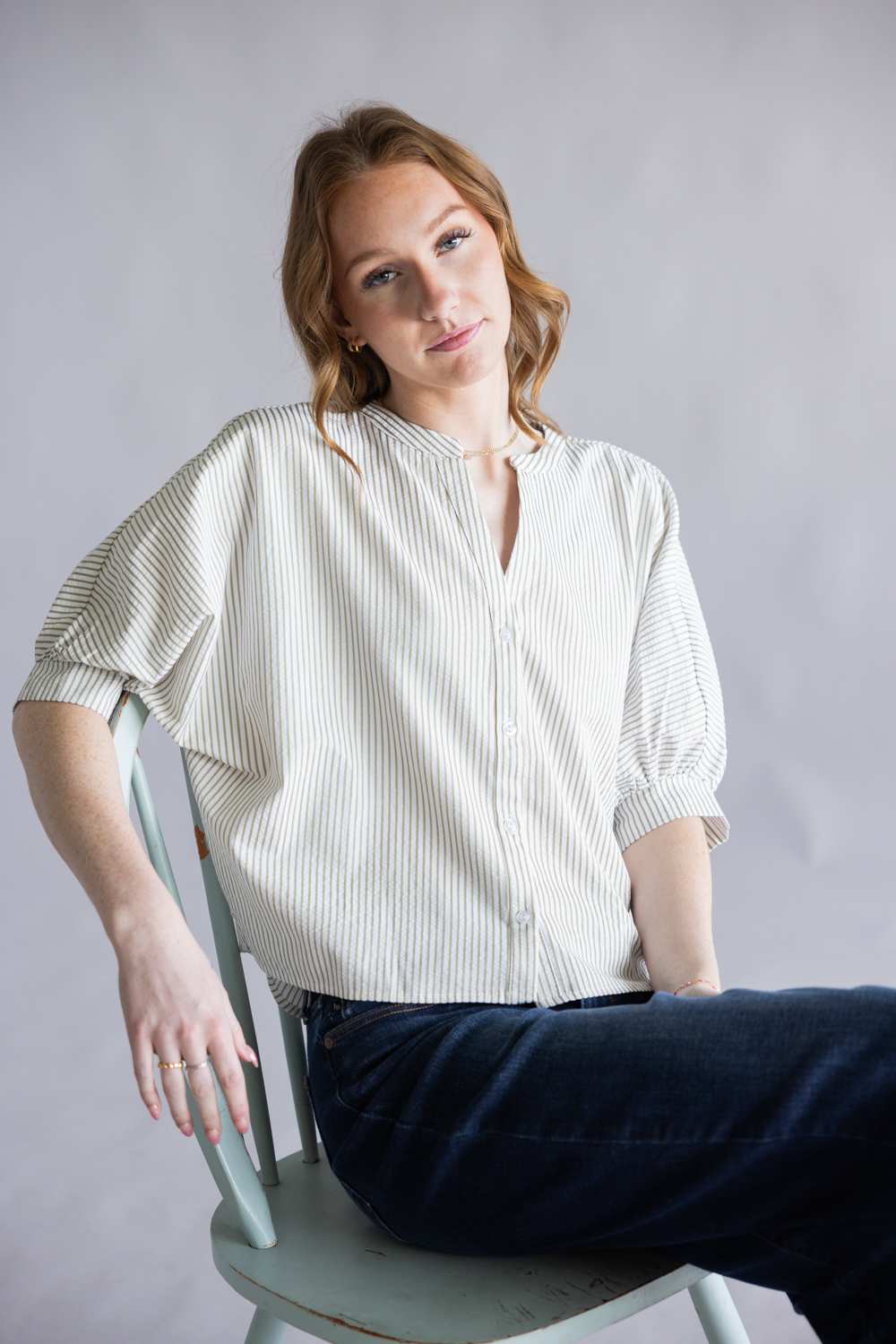 Pinstripe Split Neck Button Front Top for Women in Sage | AT8201-SAG