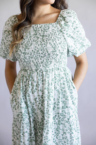 Smocked Floral Bodice Maxi Dress for Women in Ivory/Green