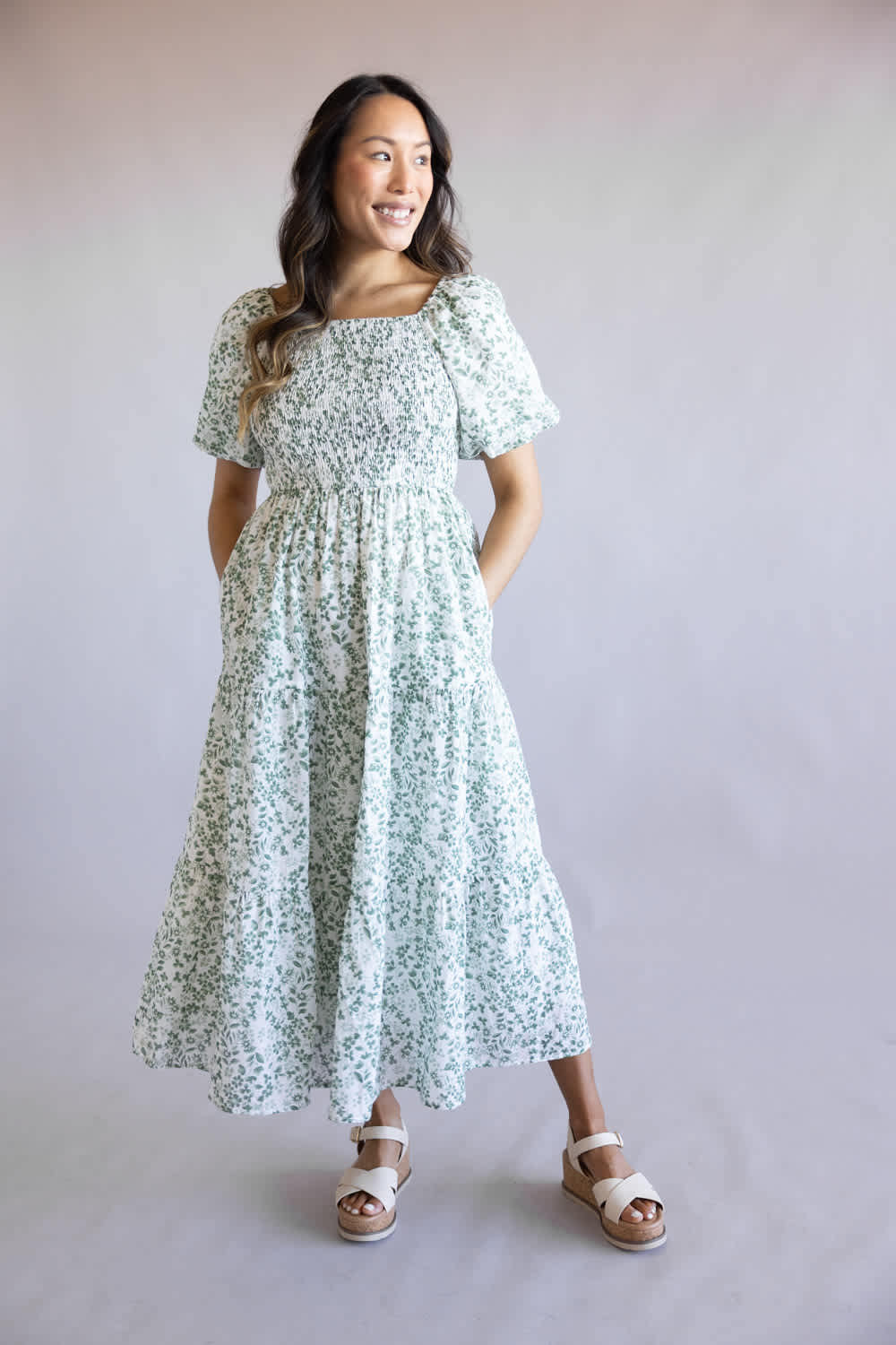 Smocked Floral Bodice Maxi Dress for Women in Ivory/Green