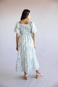 Smocked Floral Bodice Maxi Dress for Women in Ivory/Green