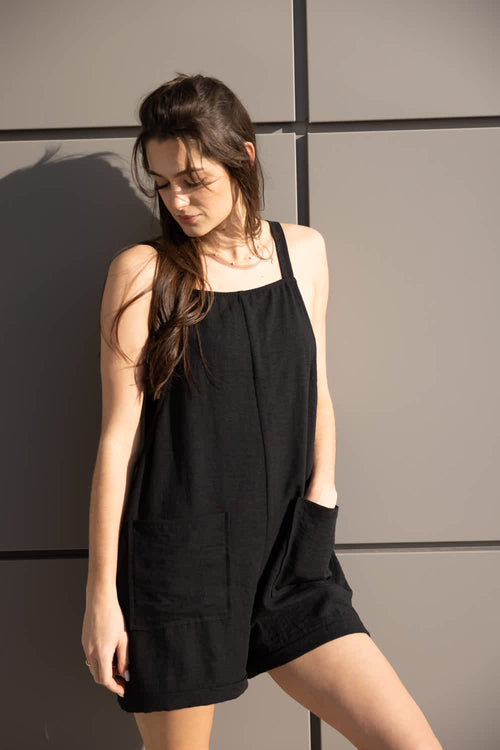 Moa Moa Linen Tie Strap Romper for Women in Black