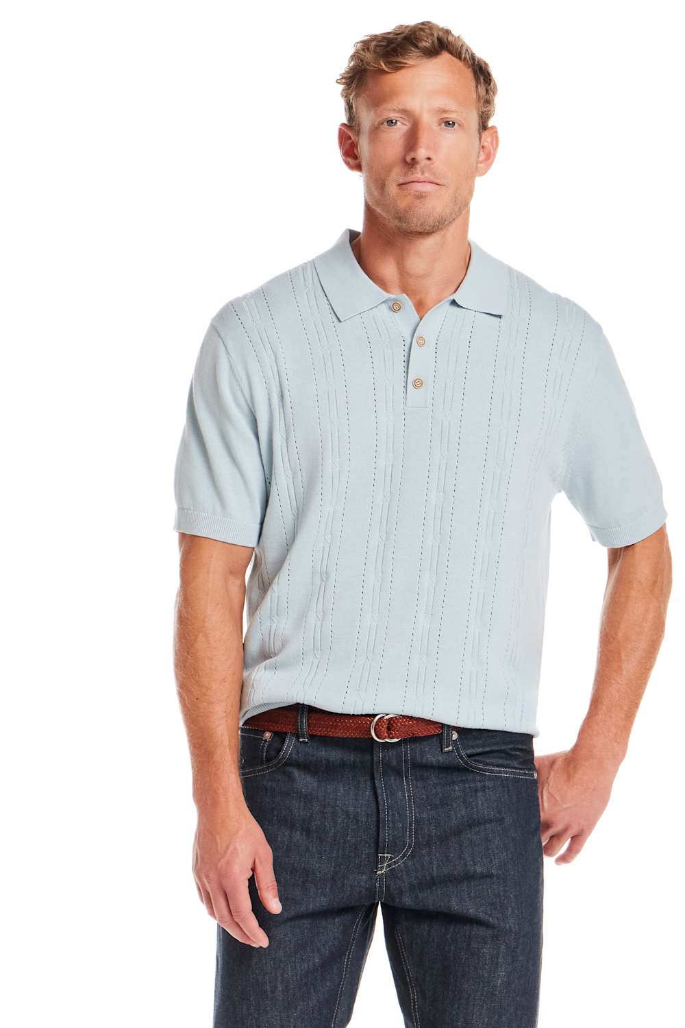 Weatherproof Vintage Pointelle Sweater Polo for Men in Light Blue