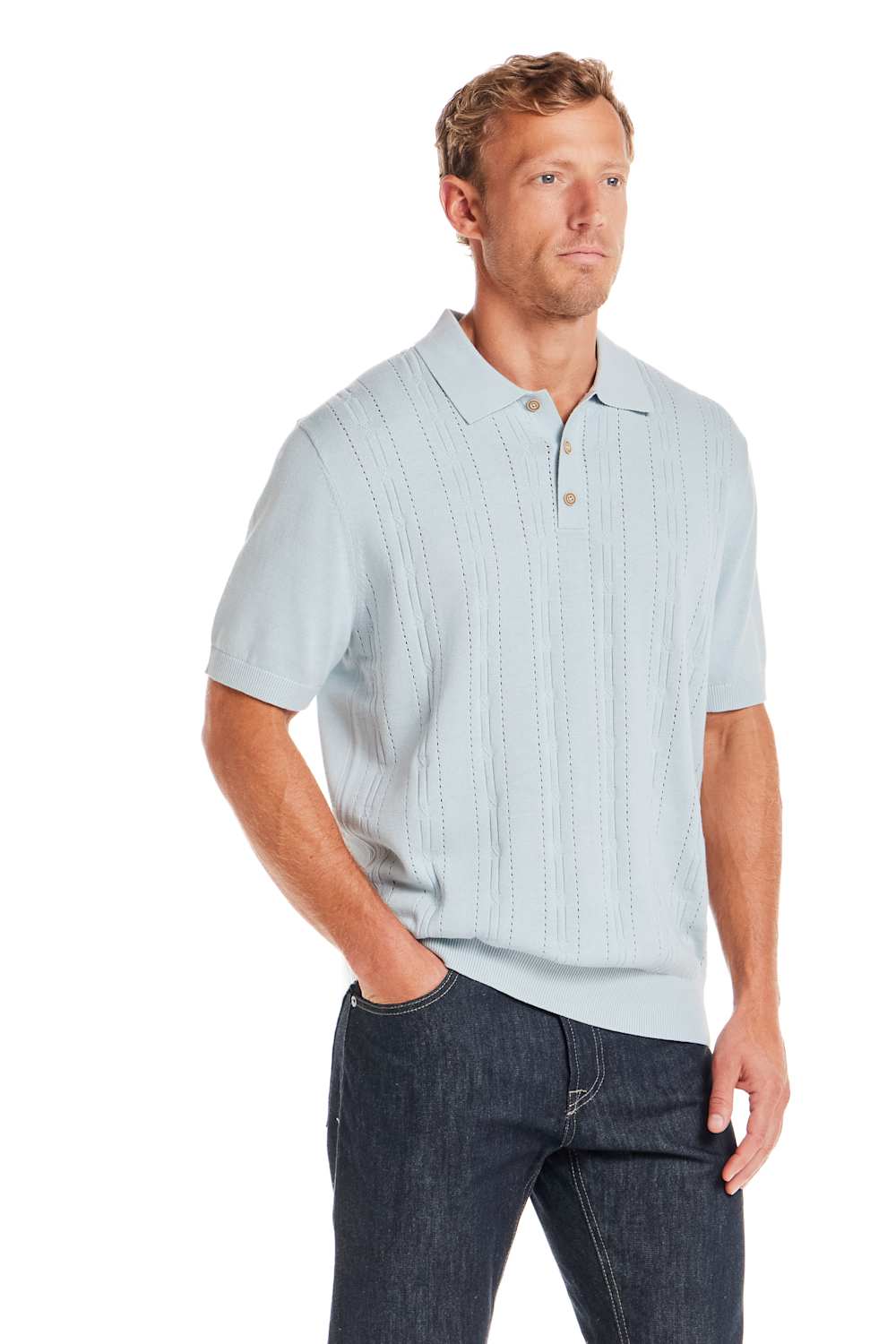 Weatherproof Vintage Pointelle Sweater Polo for Men in Light Blue
