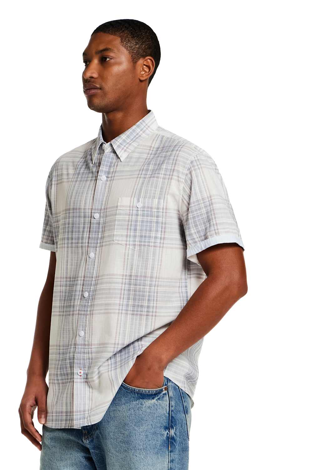 Weatherproof Vintage EOE Cotton Plaid Button Up for Men in White 