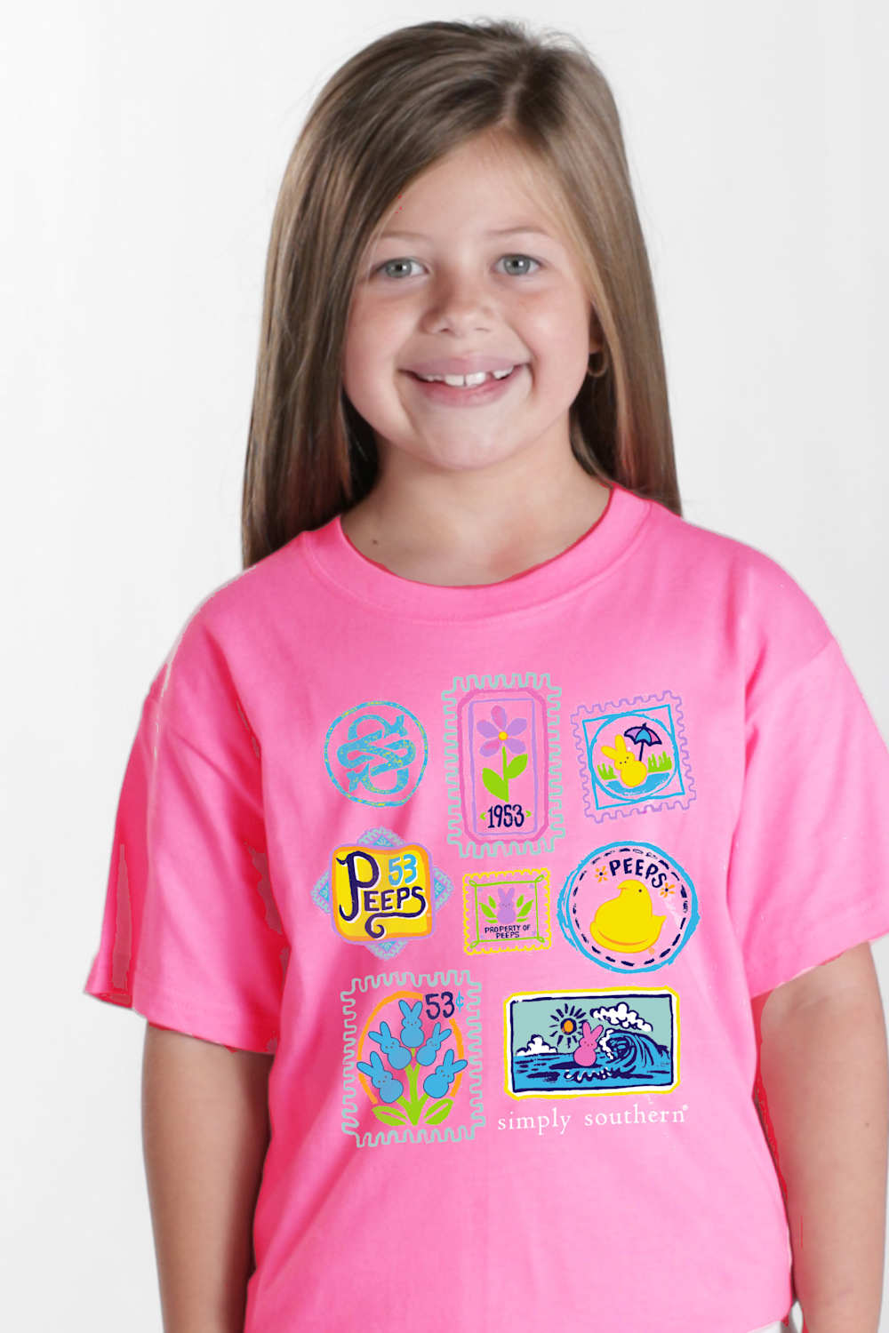 Simply Southern x Peeps Youth Stickers Mineral Wash T-Shirt for Girls in Blush Berry