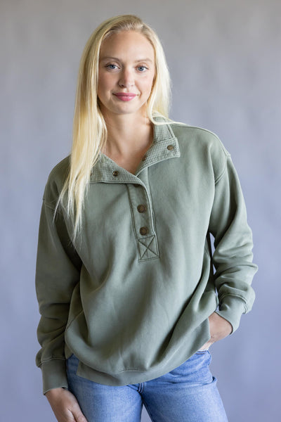C&C California Sun Washed 1/2 Snap Pullover for Women in Vetiver Green