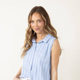Collared Stripe Button Front Top for Women in Blue