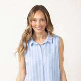 Collared Stripe Button Front Top for Women in Blue