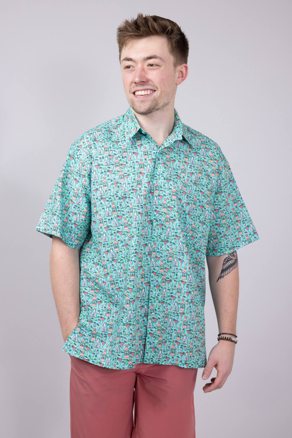 Cotton Button Down Tequila Shirt for Men in Aqua