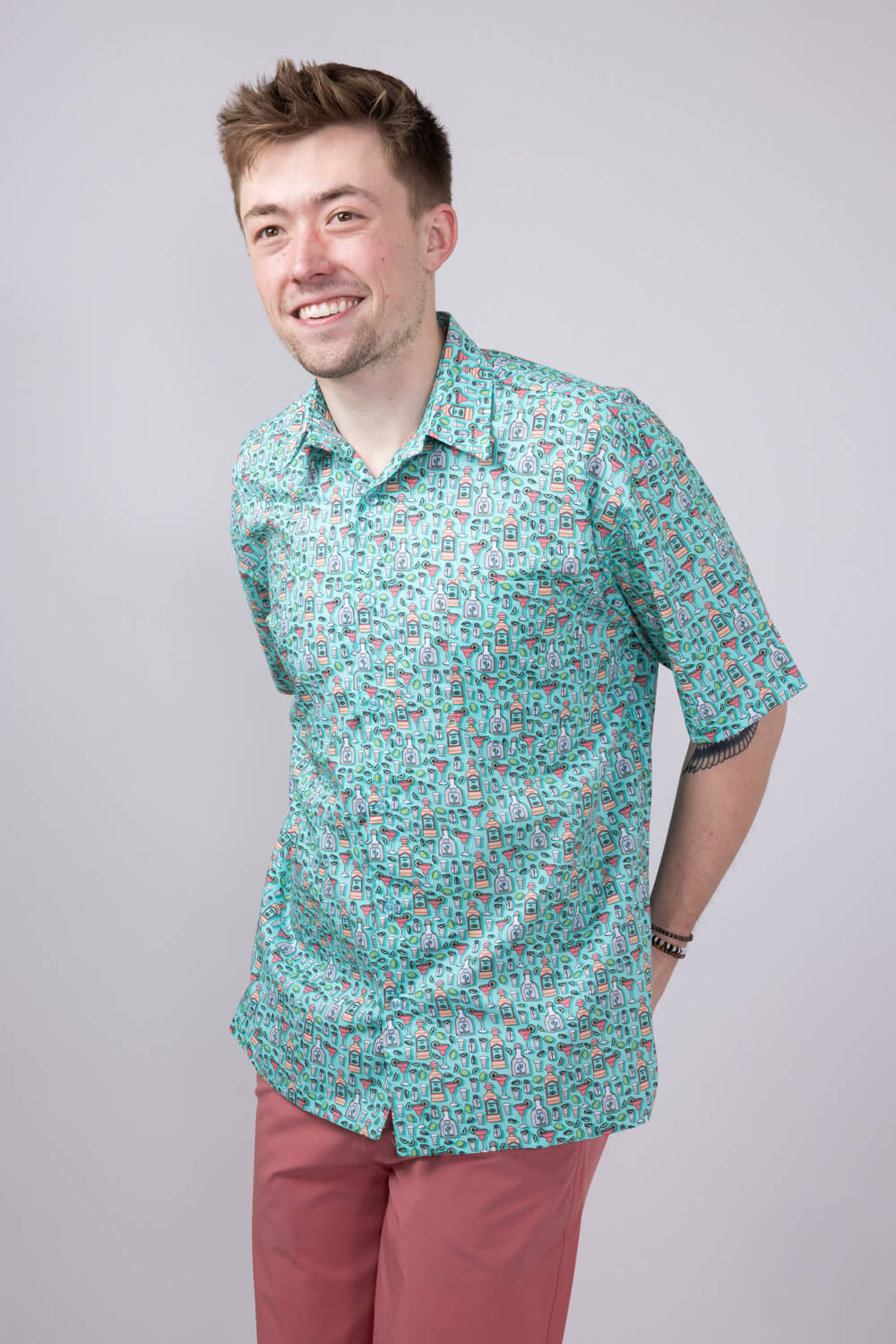 Cotton Button Down Tequila Shirt for Men in Aqua