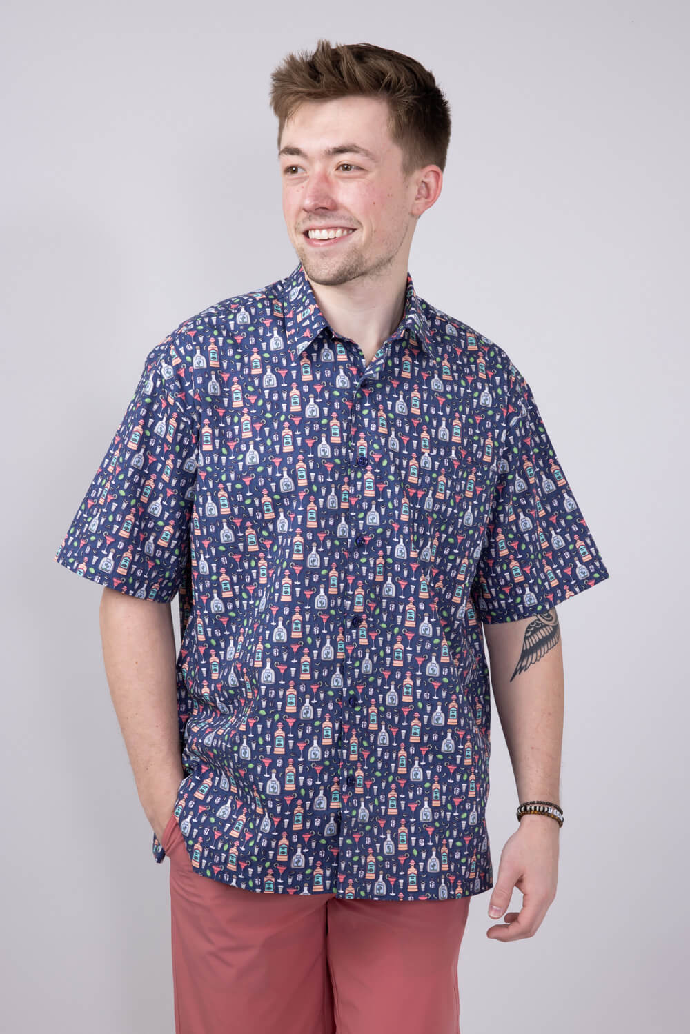 Cotton Button Down Tequila Shirt for Men in Navy